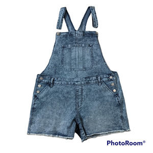 NoBo Blue Denim Acid Wash Short Overalls with Raw Hem Sz XL 15-17 Jrs NEW